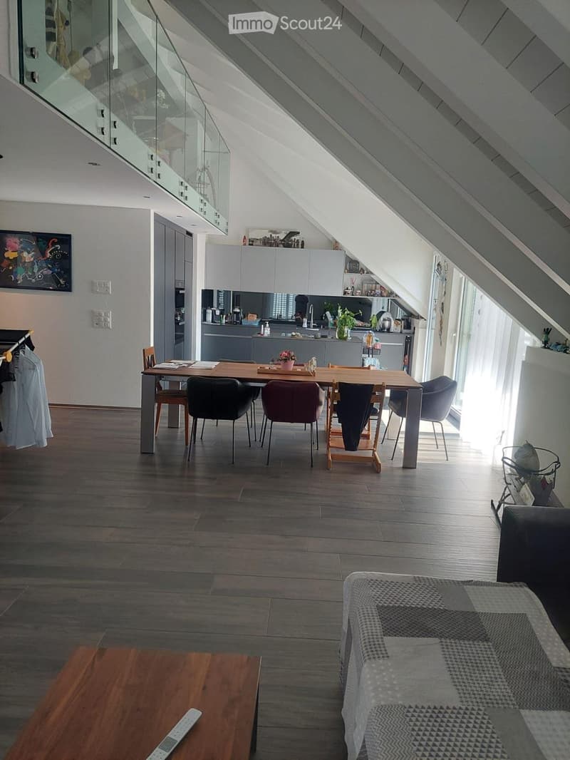 Modern, open-plan living and dining area with a slanted ceiling, wooden flooring, and large windows. Features a sofa, coffee table, dining table with chairs, and a modern kitchen area with cabinets, sink, and appliances.