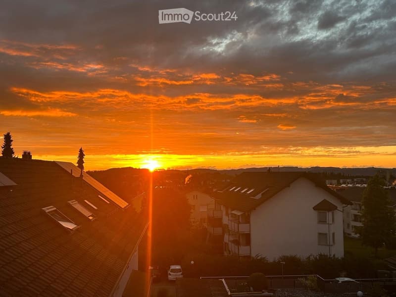 Residential buildings with solar panels on rooftops, surrounded by trees and a dramatic sunset sky.