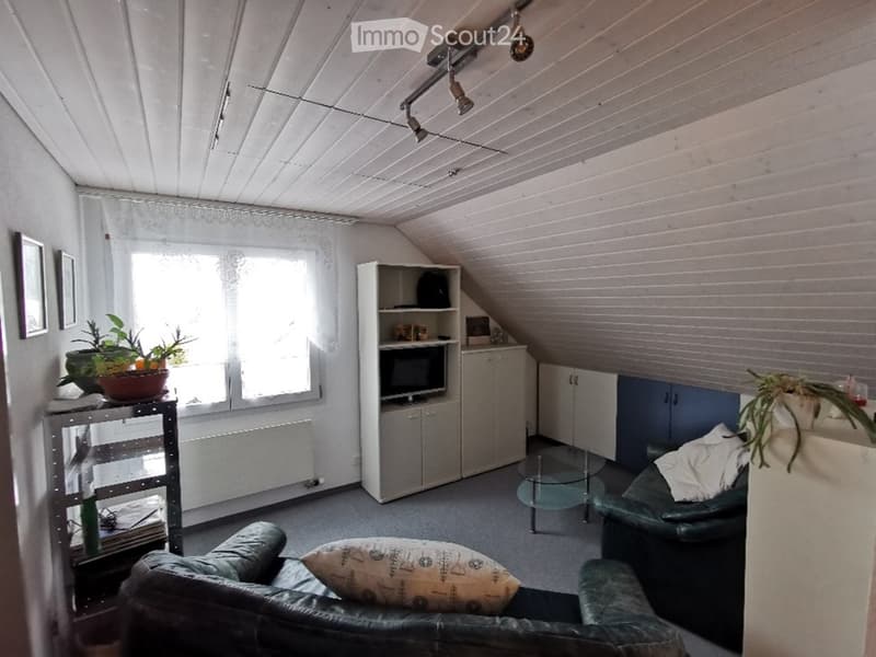 The room features a slanted ceiling with exposed wooden beams, a large window with white curtains, and a mix of modern and cozy furniture including a black leather sofa, a glass coffee table, a cabinet with a TV, and a shelf with plants and decorative ite