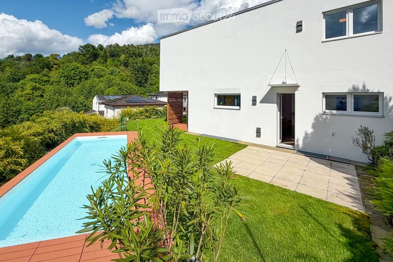 Garden / Outdoor Area. Modern white house with a swimming pool in the garden, surrounded by greenery and a tiled pathway.