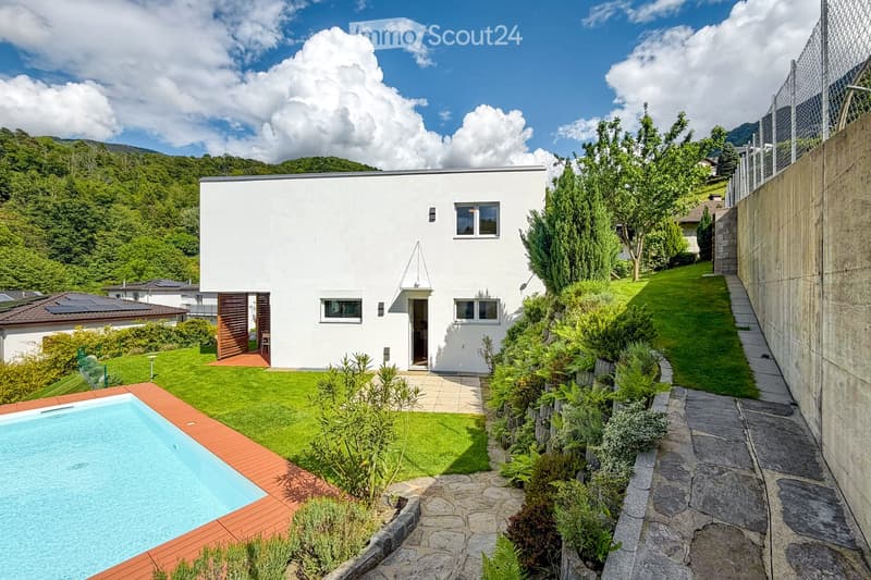 House. Modern white house with large windows, surrounded by a well-maintained garden, featuring a swimming pool, stone pathways, and lush greenery.