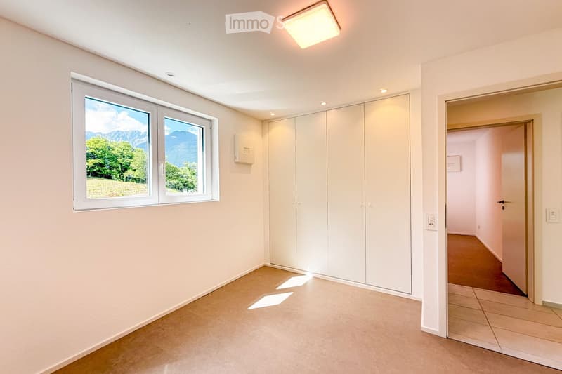 Unfurnished Room. Empty room with white walls, tiled floor, large windows with scenic mountain view, built-in closet, and recessed lighting.