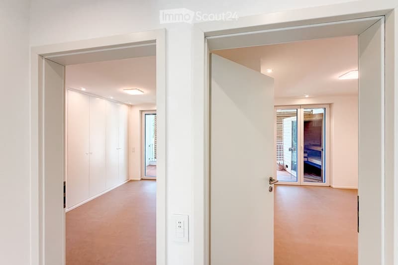 Corridor / Hallway. A modern, minimalist hallway with white walls, light-colored flooring, and recessed lighting. Features include built-in white wardrobes, a sliding glass door leading to an outdoor area, and a power outlet on the wall.