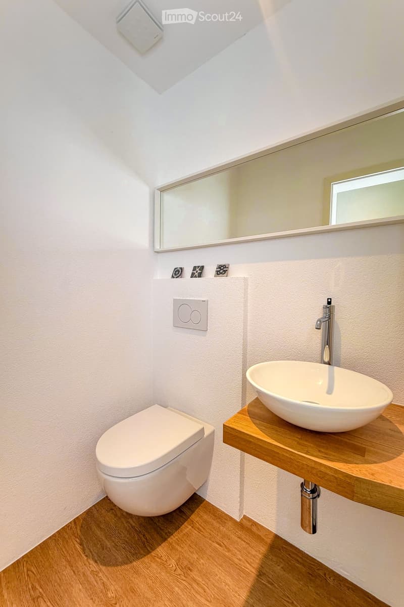 Bathroom. Modern bathroom with a white toilet, a wooden countertop sink, a sleek faucet, and a large mirror above the sink.