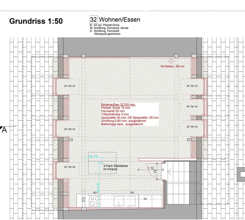 Floor plan of a 42 m² living/dining area with detailed construction specifications, including parquet, Fermacell, and sound insulation layers.