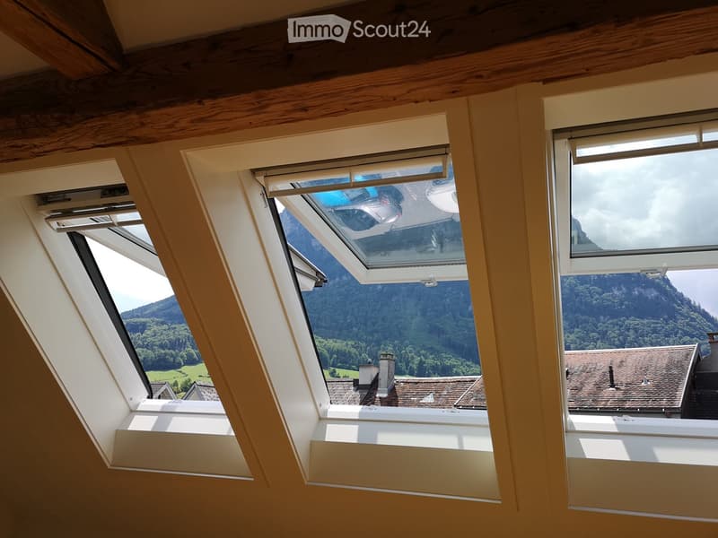 An attic room with wooden beams and multiple skylights, offering a scenic view of mountains and a village below.
