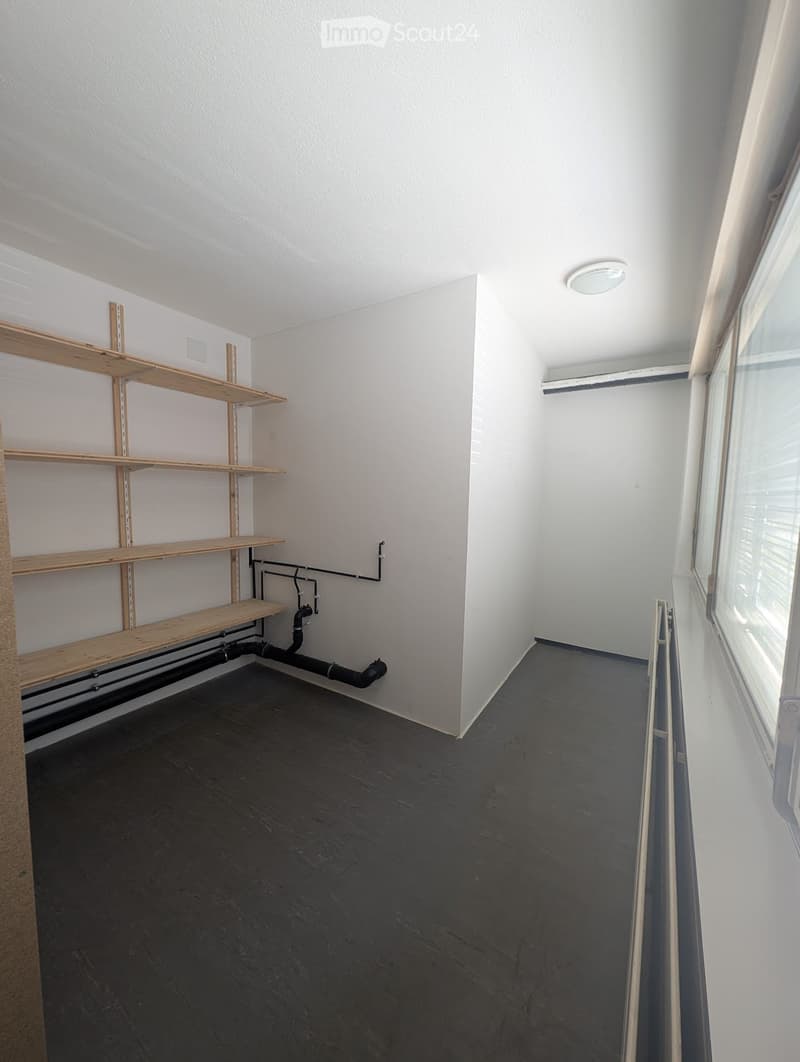 Empty room with white walls, dark flooring, and built-in wooden shelves on one side. There is a window on the right side and a ceiling light fixture.