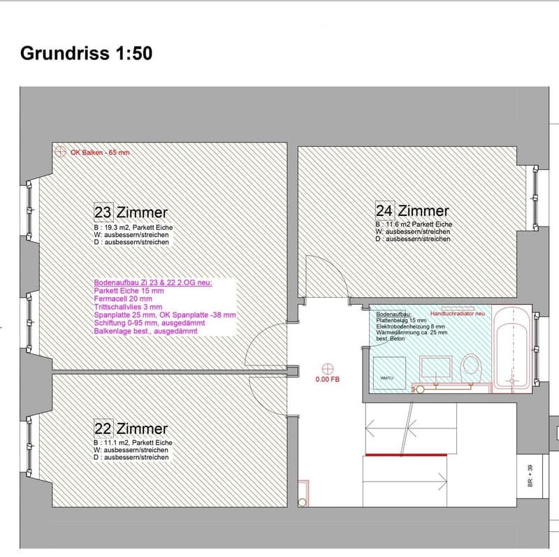Floor plan showing three rooms labeled Zimmer 23, Zimmer 24, and Zimmer 22, with detailed construction specifications and measurements.
