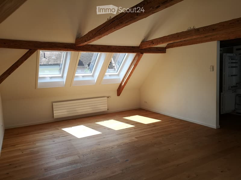 Empty attic room with wooden floors, exposed wooden beams, and skylight windows allowing natural light to enter. The room features a radiator on one wall and a doorway leading to another area.
