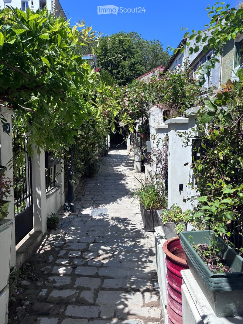 A narrow, sunlit garden pathway lined with potted plants and flowers, leading to a building entrance.