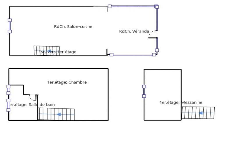 Floor plan showing a ground floor with a living-dining area, kitchen, and veranda, and a first floor with a bedroom, bathroom, and mezzanine.