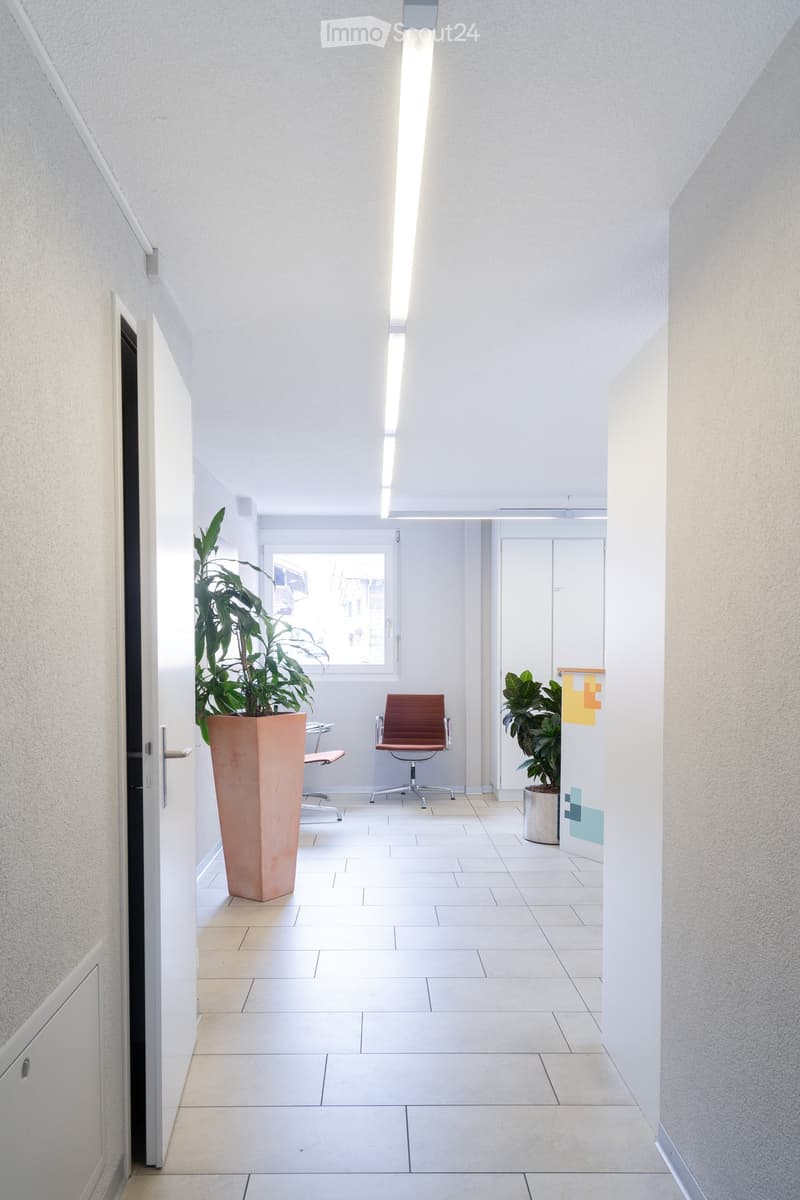 Modern hallway with white walls, tiled floor, and recessed lighting. Features include a large potted plant, a red chair, and a small table.