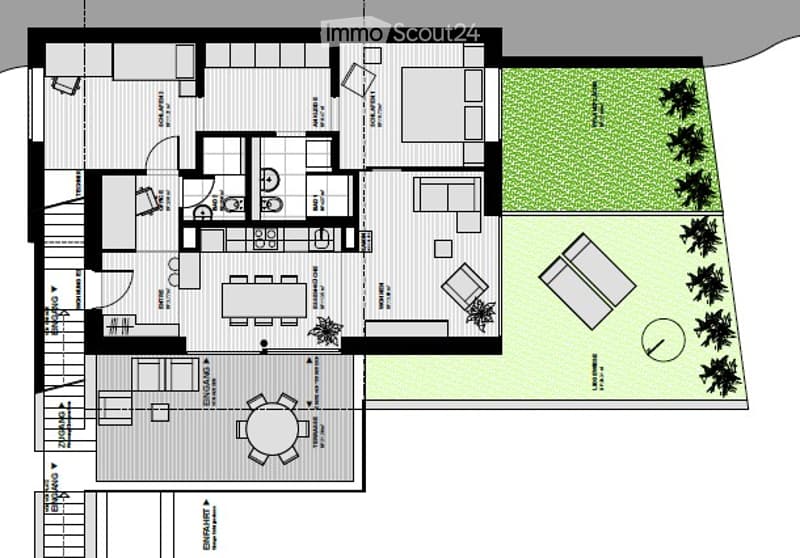 living room, kitchen, 2 bedrooms, 2 bathrooms, balcony, entrance hall, dining area