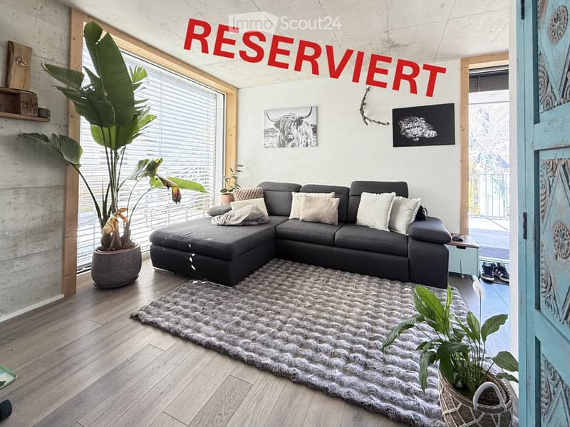 Modern living room with a grey sectional sofa, large shaggy rug, potted plants, and artwork on the walls.