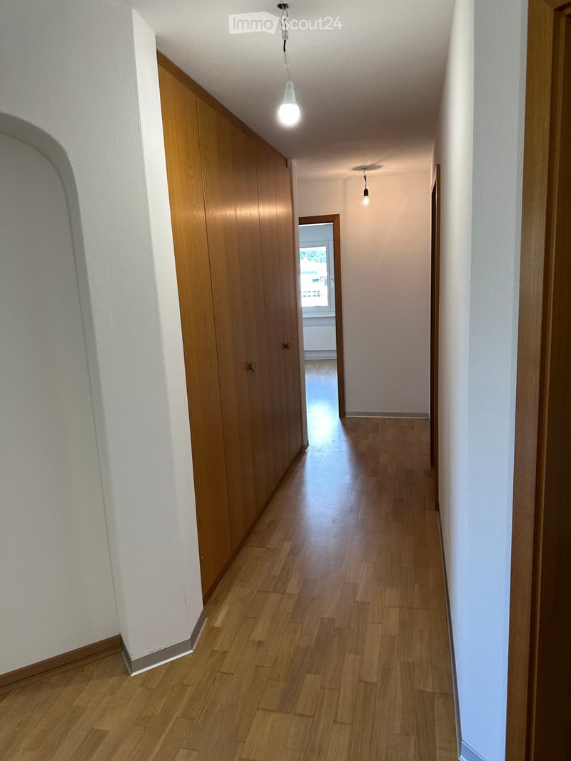 A long, narrow hallway with wooden flooring, white walls, and wooden cabinetry on one side. Natural light streams in from an open doorway at the end.