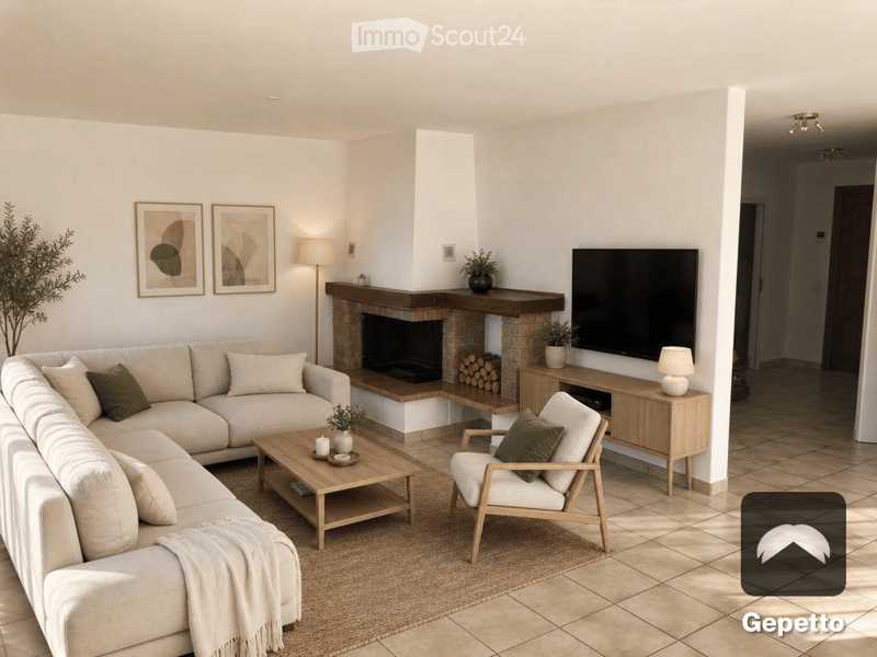 Modern living room with a beige sectional sofa, wooden coffee table, armchair, fireplace, television, and decorative plants.