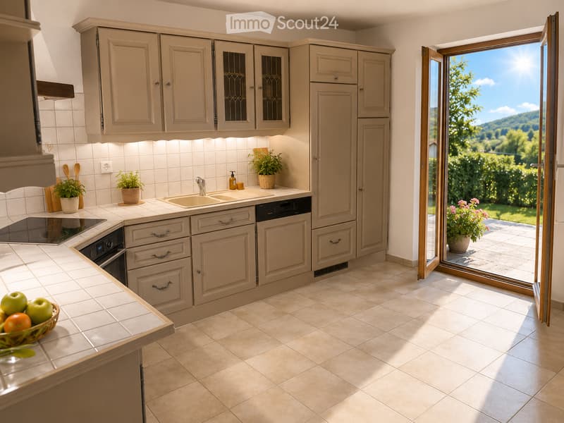Modern kitchen with light-colored cabinets, a double sink, built-in oven and dishwasher, and a view of a green landscape through an open sliding door.