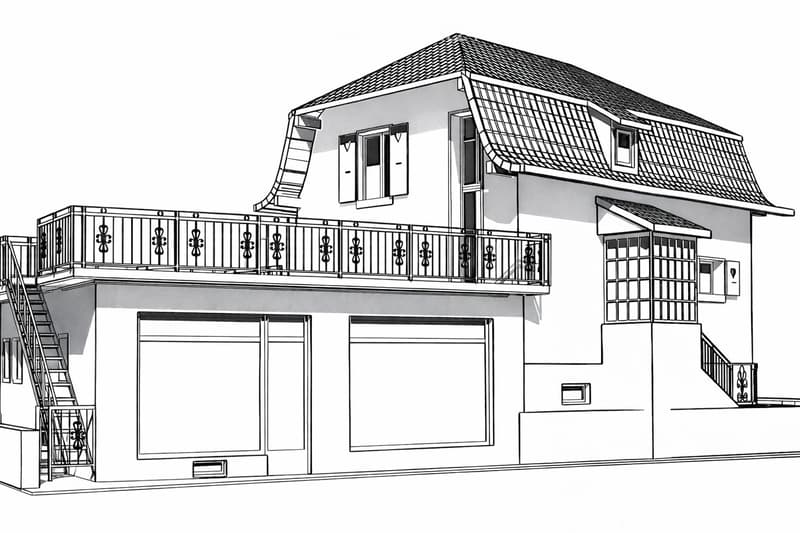Two-story house with a balcony on the upper level, garage on the ground level, and decorative railings.