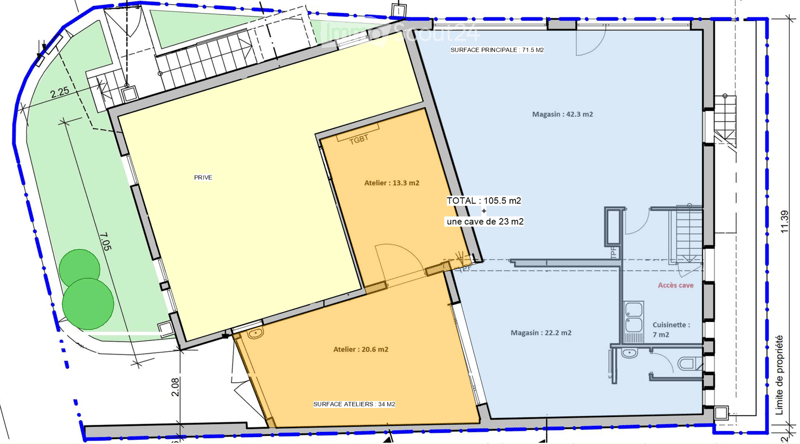 Floor plan showing a private area, workshop spaces, storage, and a small kitchenette. Total area is 105.5 m² with an additional cave of 23 m².
