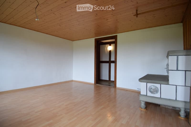 empty room, wooden floor, white walls, wooden ceiling, fireplace, door