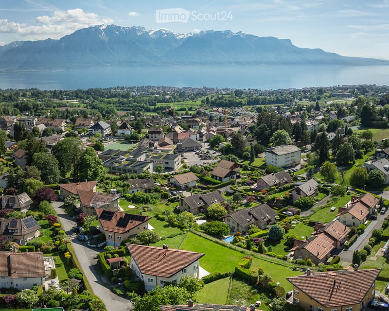 Aerial view of a suburban neighborhood with houses, gardens, and a scenic backdrop of mountains and a lake.