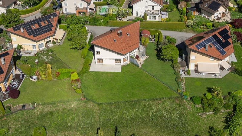 Aerial view of a residential neighborhood with multiple houses, solar panels, gardens, and driveways.