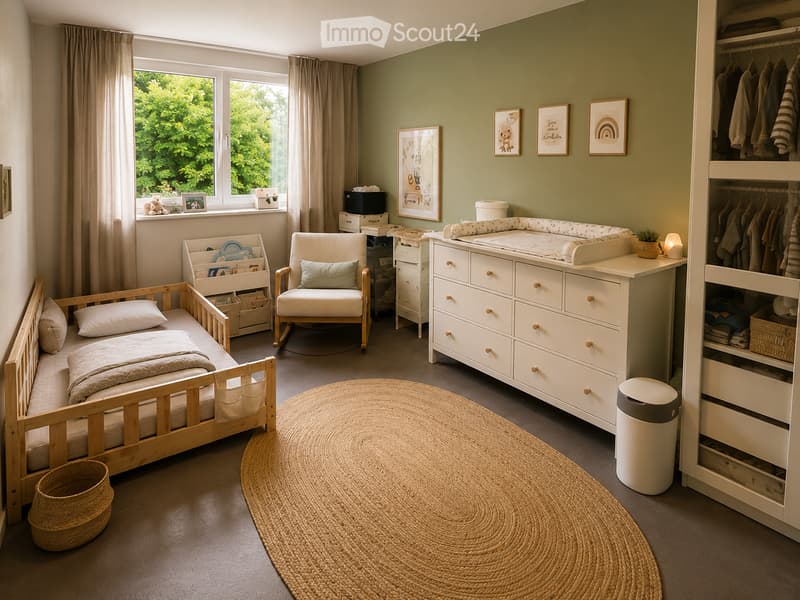 A well-lit, cozy children's bedroom with a small wooden bed, a white armchair, a dresser with drawers, a round woven rug, and various decorative items including picture frames and baskets.
