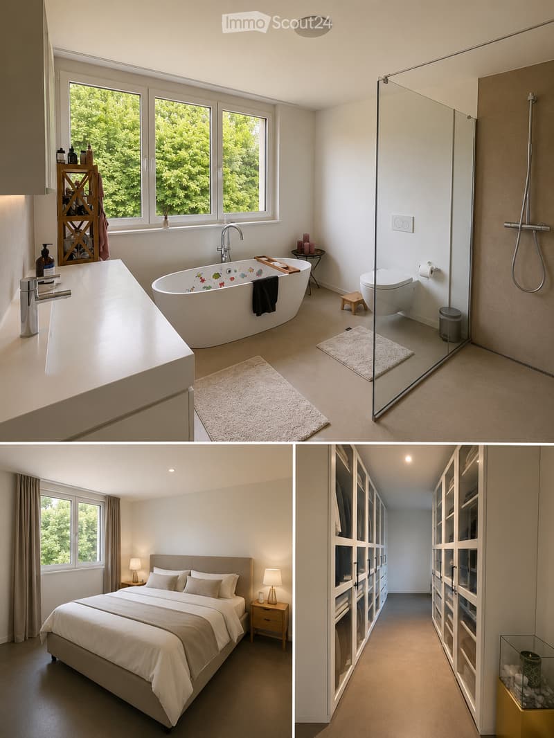 Modern bathroom with a freestanding bathtub, sink, toilet, and glass-enclosed shower. Features include a wooden shelf, small stool, and decorative candles.