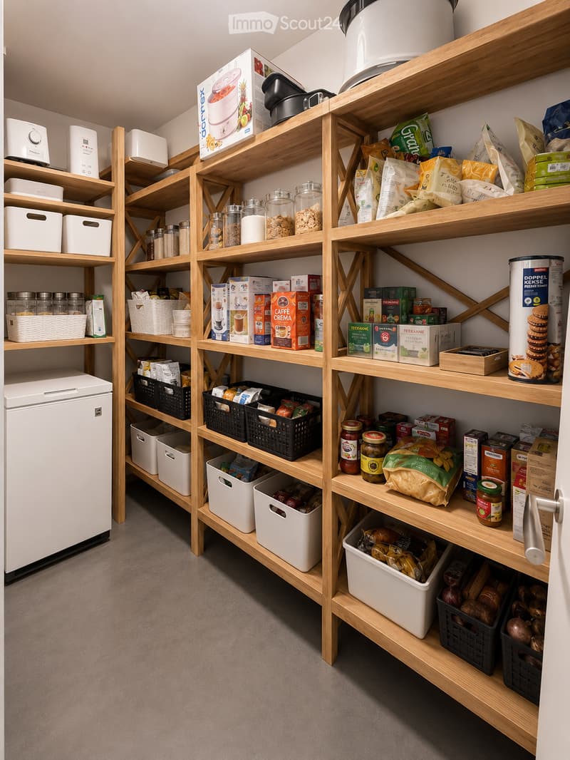 Well-organized pantry with wooden shelves, various food items, storage bins, and a small refrigerator.