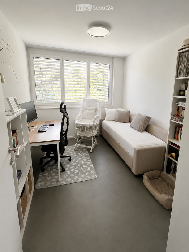 A multi-functional room with a desk, sofa, and a wicker basket, featuring large windows with blinds and a patterned rug.