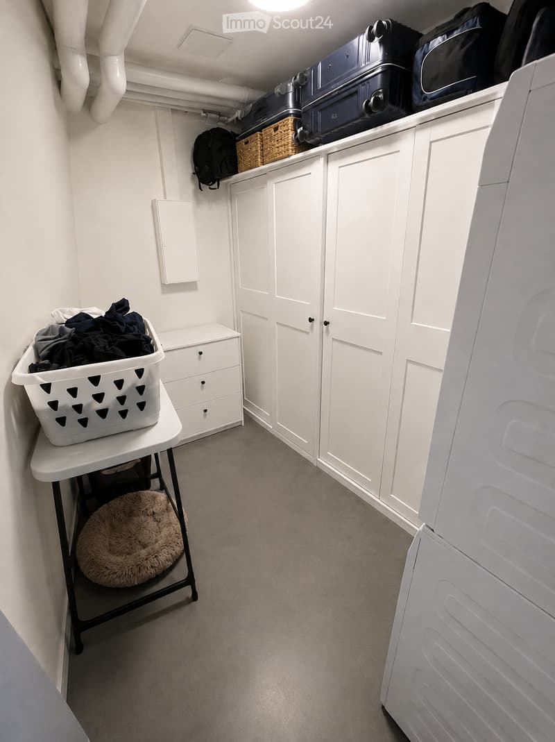 A well-organized closet space with white walls, carpeted floor, and built-in white cabinets. Contains a small table with a laundry basket, a dog bed, and several suitcases and bags on the top shelf.