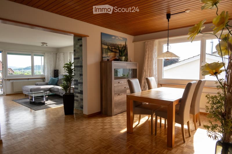 Bright living and dining area with wooden flooring, large windows, a grey sectional sofa, a glass coffee table, a wooden dining table with chairs, a cabinet, and potted plants.