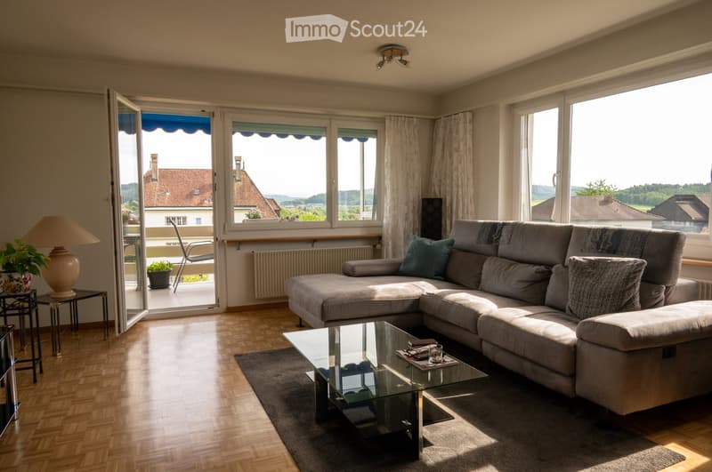 Bright living room with large windows and a balcony, featuring a grey sectional sofa, glass coffee table, table lamp, side table, and potted plants.