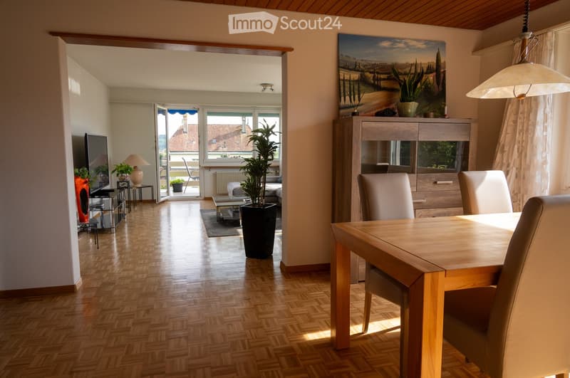Bright living and dining area with wooden flooring, large windows, and a view of the city. Features a dining table with chairs, a sofa, a lamp, a TV, and a cabinet with a plant and picture on top.