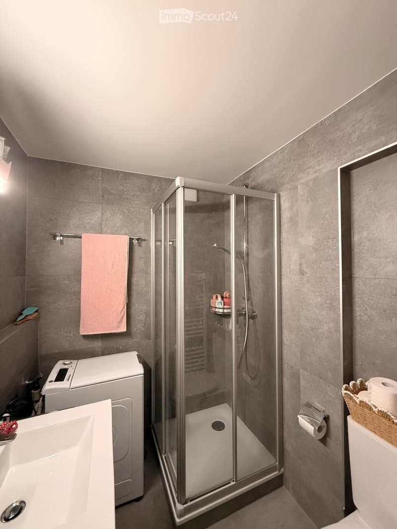Modern bathroom with a glass-enclosed shower, bathtub, toilet, washing machine, and a towel hanging on a rack.