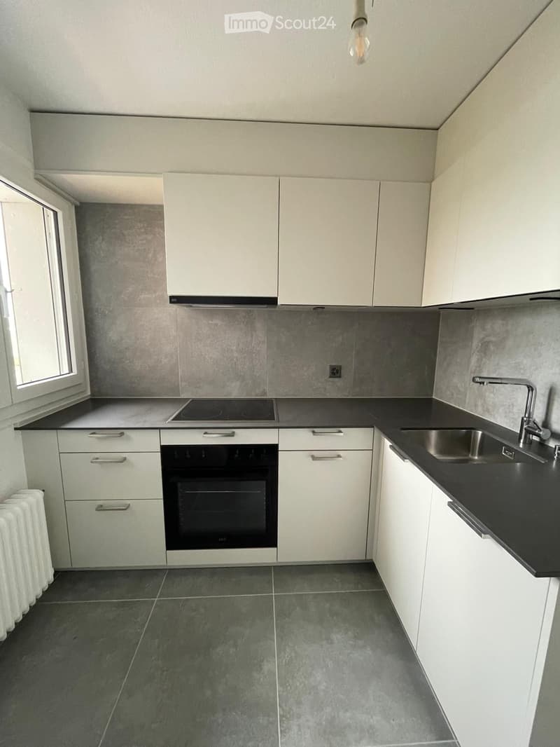 Modern kitchen with white cabinets, black countertops, stainless steel sink, and built-in oven.