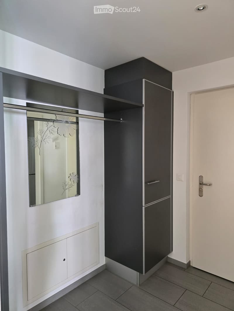 Empty room with white walls, dark grey cabinetry, a mirror, and a closed door.