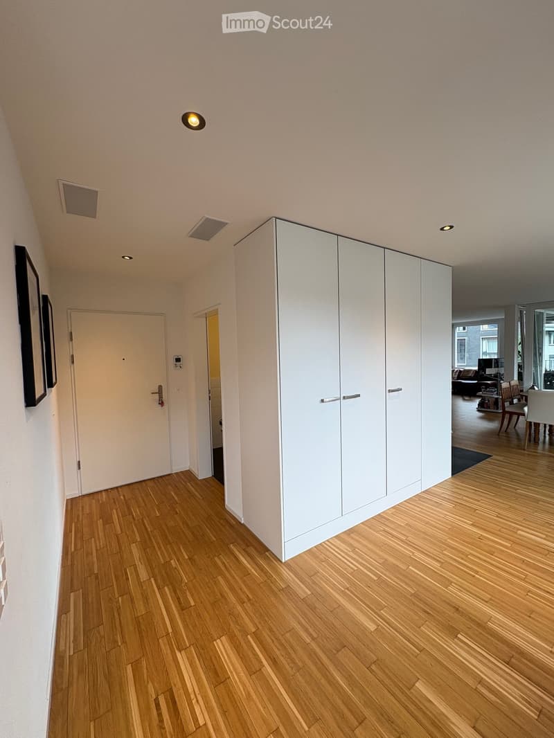 A modern hallway with light wooden flooring, white walls, built-in white closet units, and recessed lighting. A door leads to another room, and a framed picture hangs on the wall.