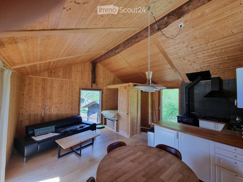 Open-plan living and dining area with wooden walls and ceiling, featuring a black leather sofa, wooden coffee table, dining table with chairs, and a kitchen area with cabinets and a stove.