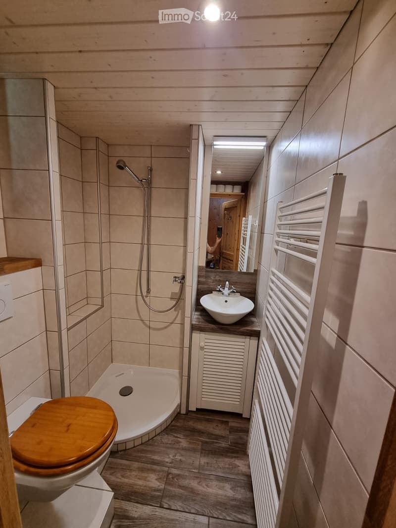 Modern bathroom with wooden toilet seat, bathtub, sink, mirror, radiator, and shower. Light wood paneling and tiled walls.