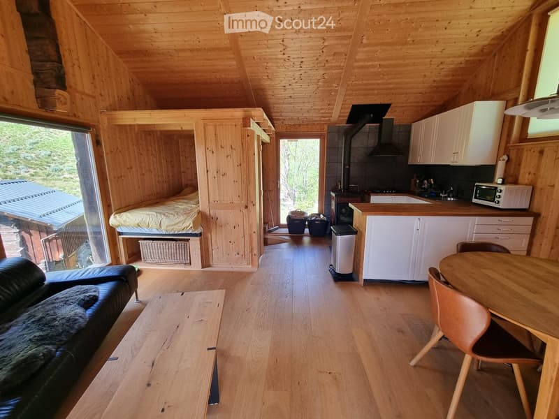 Cozy wooden cabin interior with a living area, kitchen, and sleeping loft. Features include a leather sofa, coffee table, dining table with chairs, kitchen cabinets, stove, microwave, and a bed on the loft.