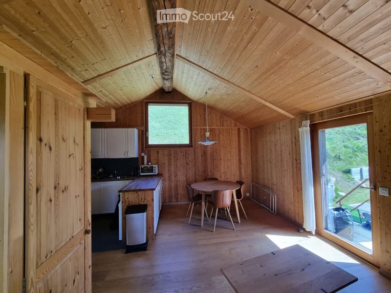 Cozy wooden cabin with a kitchen area, dining table, and chairs. Features wooden walls, ceiling, and large windows with curtains.