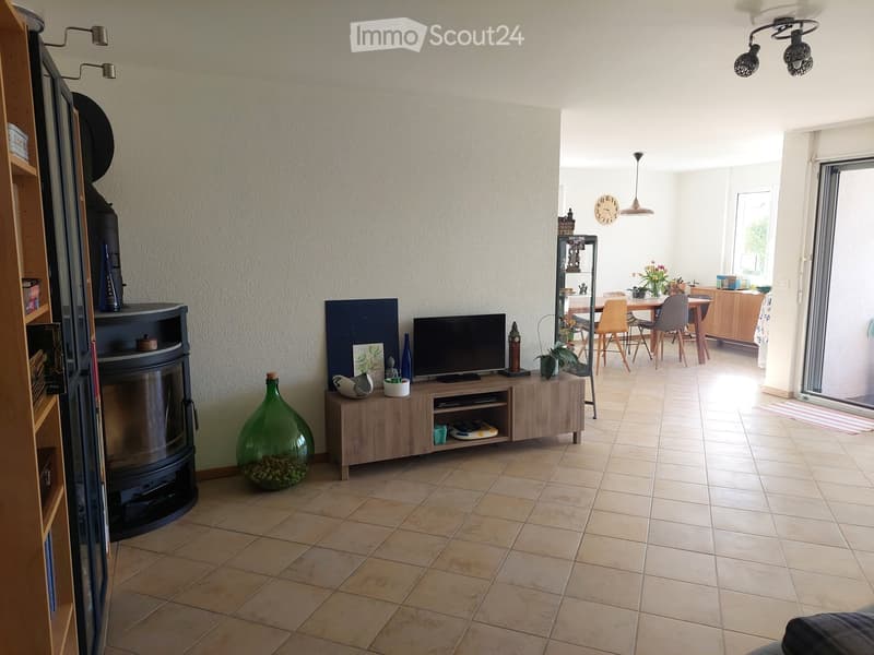 Living room with fireplace, TV, dining area, and decorative items.