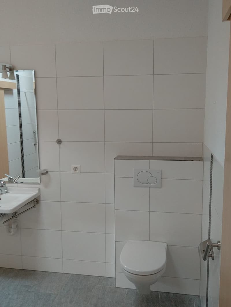 Modern bathroom with white tiled walls, a toilet, a sink with a mirror, and a wooden door frame.