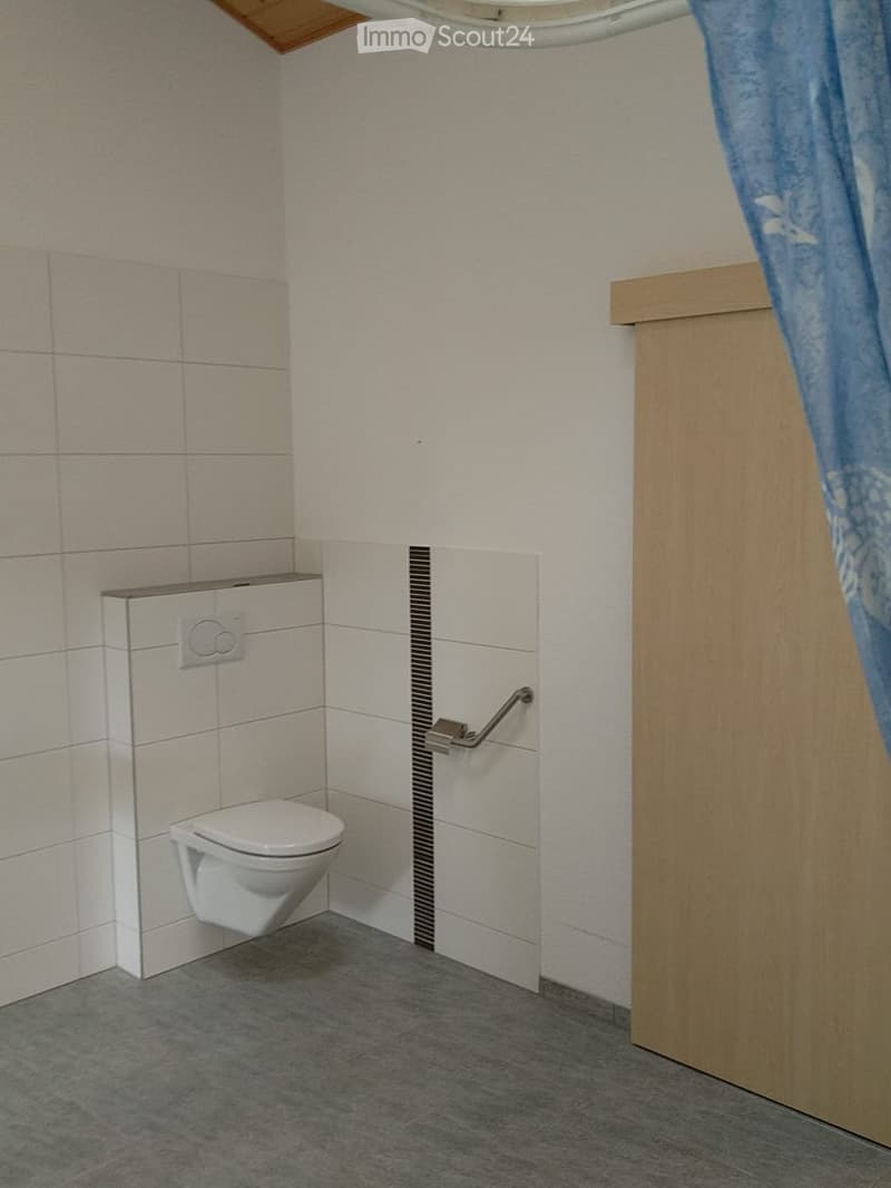 Modern bathroom with white tiled walls, grey floor, toilet, and a handrail for accessibility.
