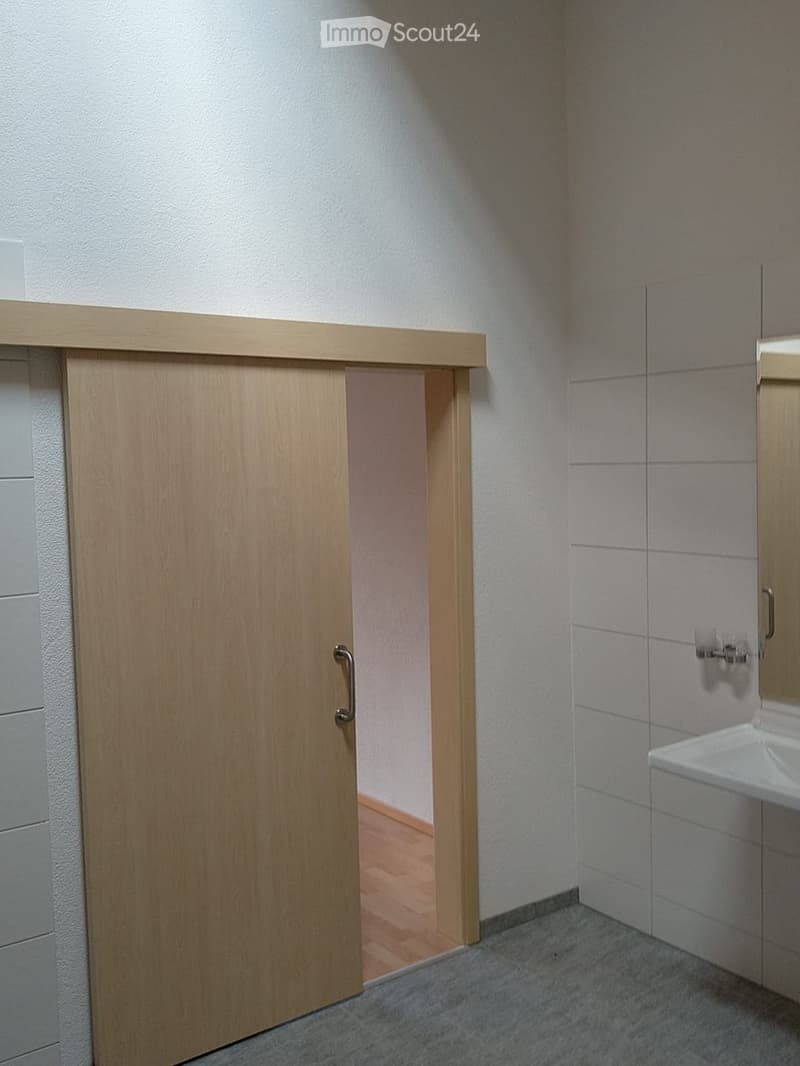 A narrow hallway with a wooden door on the left and a white sink on the right, featuring grey tiled walls and a grey carpeted floor.