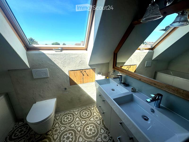 Modern bathroom with a double sink, toilet, large mirror, and wooden cabinet. Features skylight windows and decorative patterned tiles.