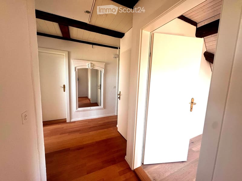 A narrow hallway with wooden flooring, white walls, and a decorative mirror on one side. The hallway features two doors, one leading to another room and the other partially open, revealing a glimpse of another space.