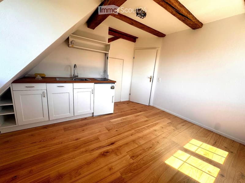 Bright attic kitchen with wooden floors, white cabinets, a sink, and a small refrigerator. Natural light streams in from a skylight.
