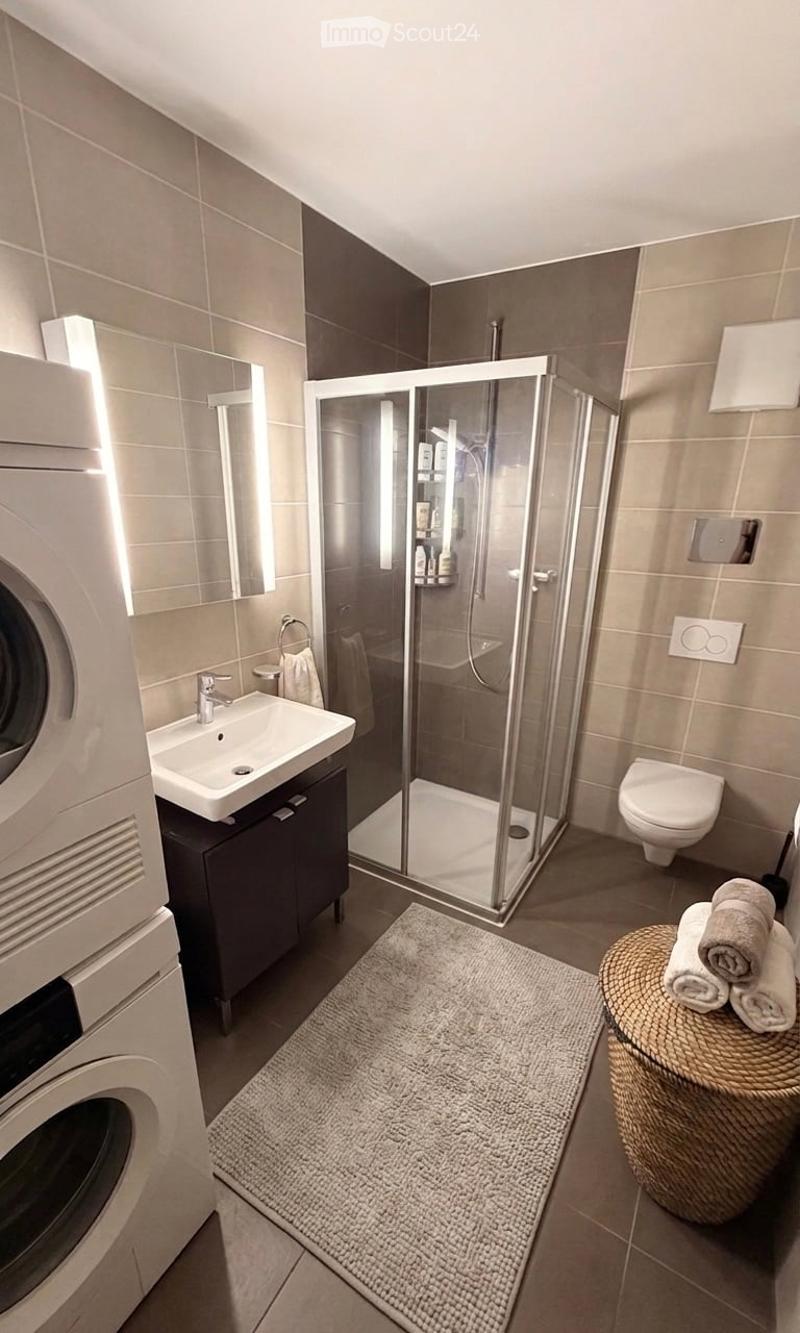 Modern bathroom with a white sink, dark cabinet, glass shower enclosure, toilet, and a wicker basket with towels. Includes a washing machine and a soft, textured rug on the floor.